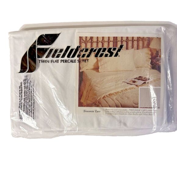 Fieldcrest Twin Flat Percale Sheet Eyelet Scalloped Hem Elegant Trousseau Lace - Picture 2 of 3